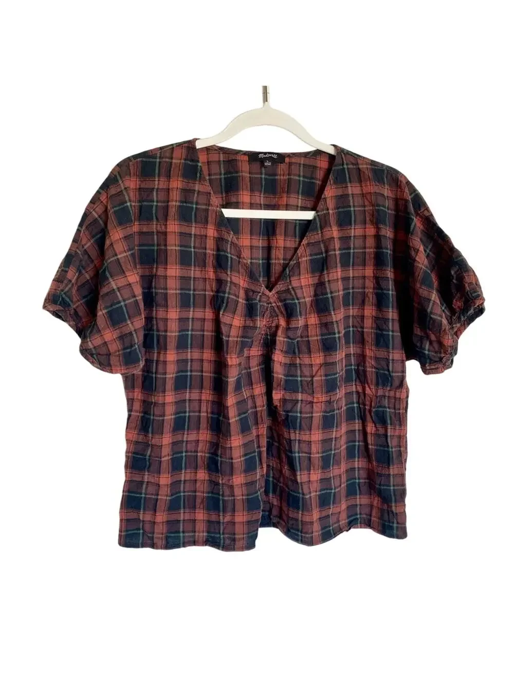 Madewell Preppy V-Neck Plaid Gathered Slightly Shrunken Puff Sleeve Casual Top